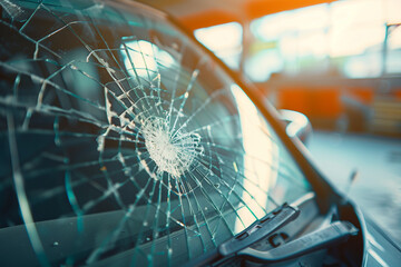 Cracked and shattered car windshield, emphasizing damage and impact in a vehicle accident scene.