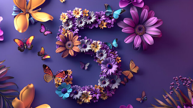 the number five is surrounded by flowers and butterflies on a purple background. generative ai