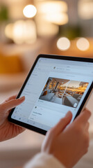 hands of a woman holding a digital tablet showing a real estate indoor building