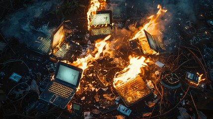 The Technopagan Rites of the Digital Age: A circle of burning laptops, surrounded by discarded VHS tapes and CDs