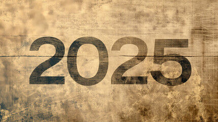 Distressed vintage wooden texture with faded '2025' numbers, symbolizing passing time and rustic charm. Concept of the New Year 2025.