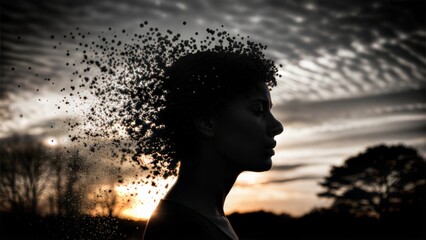 Abstract black and white image of a person's profile where the head is disintegrating into particles, symbolizing evanescence and mental health themes.








