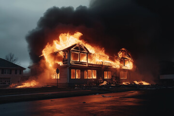 A two-story residential house engulfed in flames with thick black smoke billowing into the sky. The fire illuminates the surrounding area, and debris is scattered on the ground.