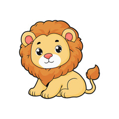 Adorable Cartoon Lion Cub with Fluffy Mane and Big Eyes Sitting in a Friendly Pose