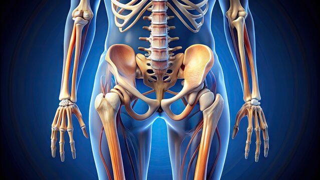 Detailed 3D illustration of the human hip skeletal anatomy, showcasing the pelvis, sacrum, coccyx, femur, and surrounding ligaments and tendons in precise anatomical detail.