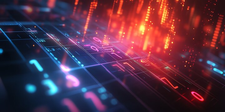 Abstract glowing digital grid with binary code and light streaks.