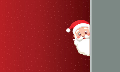 Santa Claus in red hat peeping from behind a wall. Dark red background with snow. Holiday banner greeting card template with copy space