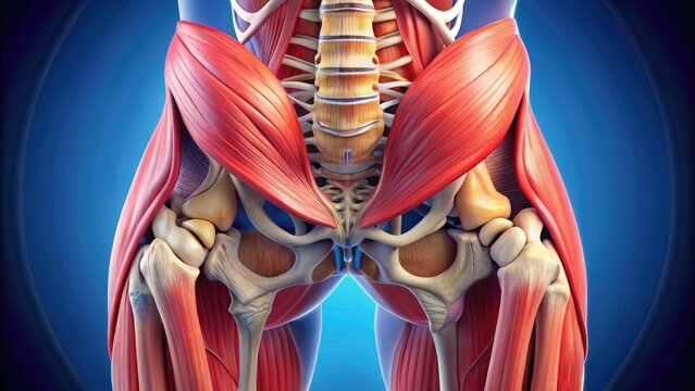 Detailed illustration of the hip's complex muscle anatomy, showcasing the gluteus maximus, medius, and minimus, tensor fasciae latae, and surrounding ligaments and bones in vivid color.