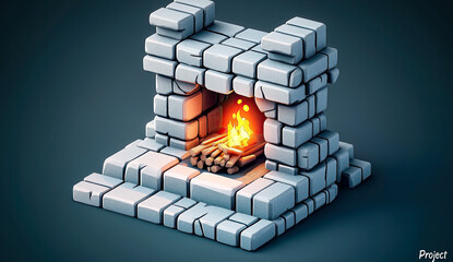 Isometric, grey stone blocks, gray stone wall blocks with an old cooking fire and clay pot, cartoon style game asset.