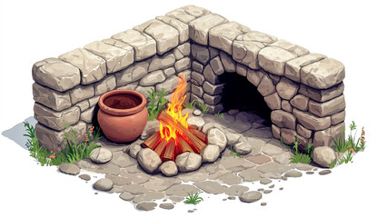 Isometric, grey stone blocks, gray stone wall blocks with an old cooking fire and clay pot, cartoon style game asset.