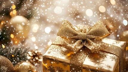 Glittering Gold Gift Box with Bow and Falling Snowflakes