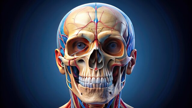 Detailed illustration of the human skull's intricate anatomy, showcasing cranial bones, facial structures, and internal components in a highly detailed and realistically rendered 3D model.
