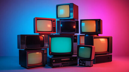 Pile of old, retro, vintage TV sets on a colorful background. 