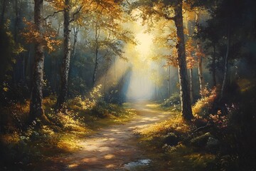 Obraz premium A Serene Forest Path Symbolizing Hope and Destiny s Journey