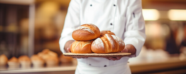 Freshly baked bread rolls served by a chef in a warm bakery during the afternoon