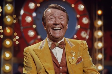 A TV game show host laughing uncontrollably after accidentally mispronouncing a contestanta??s name in an embarrassing way.