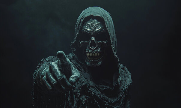 Retrato de la Parca que extiende una mano hacia la c&aacute;mara y sostiene una guada&ntilde;a en la otra mano, sobre un fondo oscuro. La imagen tiene un alto contraste, una iluminaci&oacute;n cinematogr&aacute;fica y un ambient