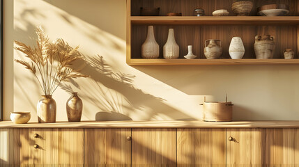 Wooden cabinet and shelves with vases in retro interior
