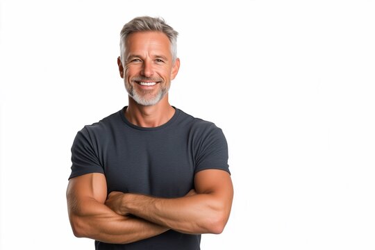 Happy middle aged man isolated on white studio background. Confident mature mid adult handsome male model wearing t-shirt looking at camera with arms crossed.