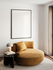 Frame mockup, ISO A paper size. Living room wall poster mockup. Interior mockup with house background. Modern interior design. 3D render
