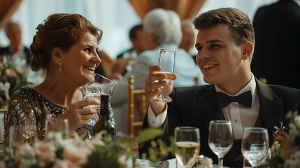 Young groom and his mother sitting at a table on a wedding, clinking glasses.