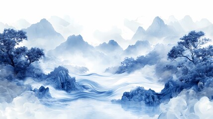 Blue and white traditional landscape painting illustration poster background