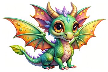 Fototapeta premium Charming cartoon fairy dragon art on a crisp white background, ideal for kids' designs, showcasing playful adventures and enchanting moments filled