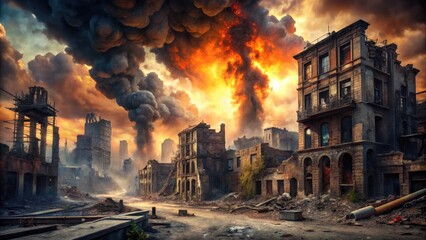 Dramatic, fiery, and desolate urban landscape with crumbling buildings, smoke-filled skies, and abandoned ruins, conveying a sense of catastrophic destruction and impending doom.