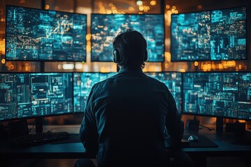 cybersecurity command center with multiple monitors displaying data a focused expert analyzes information dark room with screens providing the main source of illumination