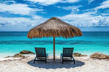 Tranquil Beach Scene with Palapa and Lounge Chairs
