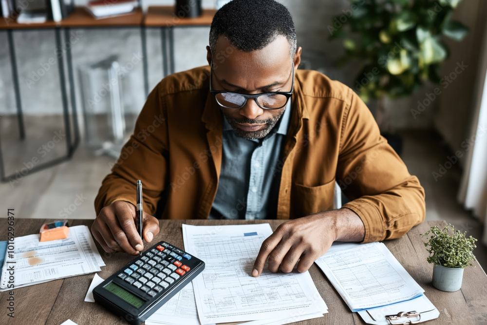 Canvas Prints Man wearing glasses working with paperwork and calculator at a wooden desk in an office setting. A small plant and office supplies are also on the desk.