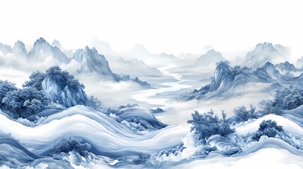 Obraz premium Blue and white traditional landscape painting illustration poster background