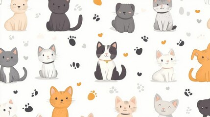 Obraz premium Seamless Pattern with Cute Cats and Dogs in Hand-Drawn Style 3d animation