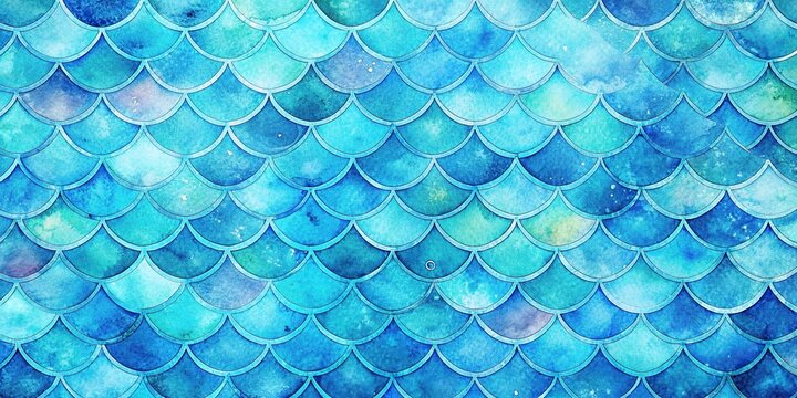 Medium Shot Mermaid Scales Watercolor Fish Squame Background Bright Summer Blue Sea Pattern with Reptilian Scales Abstract