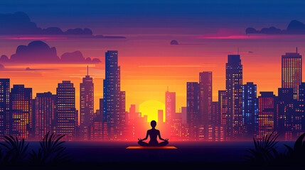 Fototapeta premium Woman meditating on rooftop at sunset with city skyline view