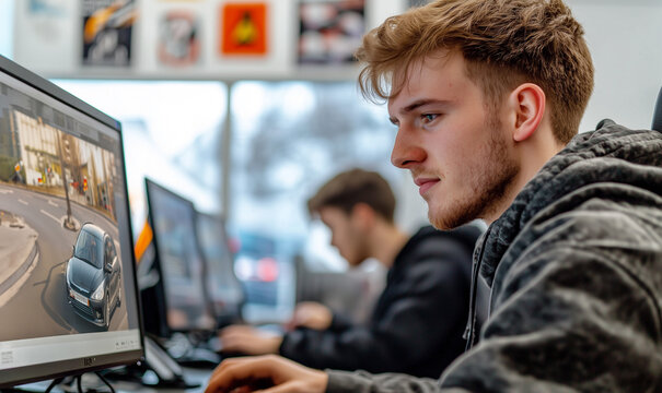 Fahrsch&uuml;ler sitzt w&auml;hrend der Theoriestunde in der Fahrschule am Computer und l&ouml;st &Uuml;bungsaufgaben