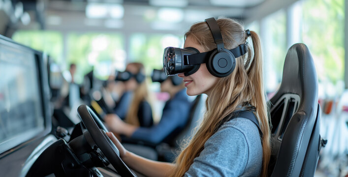Fahrschülerin mit VR-Brille nimmt an Fahrsimulation teil - Powered by Adobe