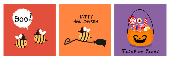 Halloween party cards with bee cartoons, broom, pumpkin ghost, candy and hand written fonts on red, orange and purple backgrounds vector.
