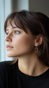 gros plan sur le visage d'une jeune femme brune de profil au regard clair