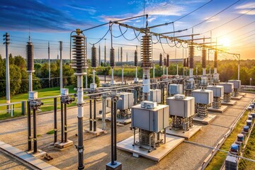 High angle view of a substation with switchgear and transmission transformers for high voltage electric power distribution