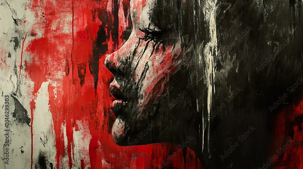 Wall mural Abstract Portrait of Anguish: A Study in Red, Black, and White