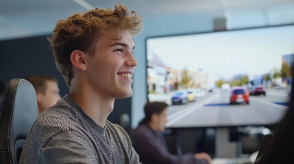 Fahrschüler sitzt am Fahrsimulator in der Fahrschule