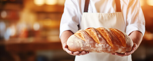 Baker presenting a freshly baked loaf of bread in a warm, rustic bakery during the golden hour