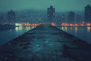dark concrete foreground contrasts sharply with the illuminated skyline of a city at night creating a gritty urban atmosphere filled with mystery and allure