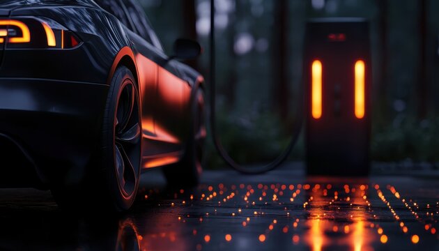 Close-up of an electric car charging station in a moody forest setting, highlighting sustainable energy and modern technology.