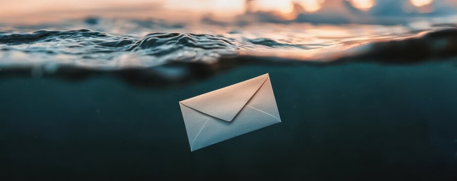A letter floats beneath the ocean surface, symbolizing communication barriers and lost messages. Captured in serene, tranquil waters at sunset.