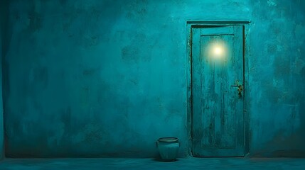 Glowing light shining through a closed wooden door representing the possibility of escape transition and hope for a better future  The moody atmospheric scene evokes a sense of mystery intrigue