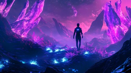 Fototapeta premium man in futuristic suit standing on glowing plants in the alien planet, digital art style, illustration painting. 