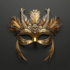 luxurious eye mask in gold color, with long feathers in different shades of gold against grey dark background
