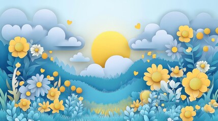 A serene landscape featuring flowers, hills, and a sun, created in a paper cut-out style.